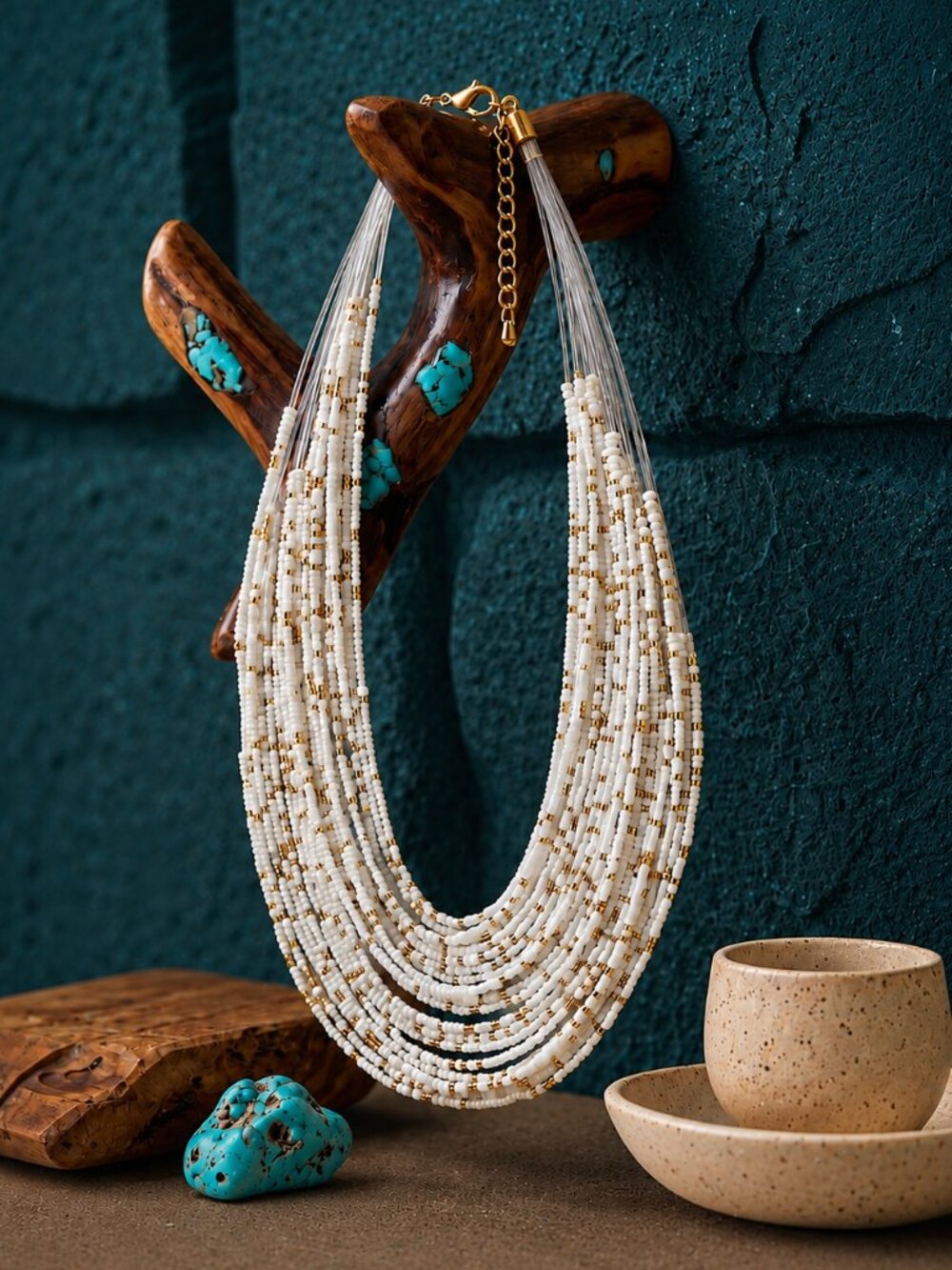 Multi Strand Seed Bead Layered Statement Necklace White Gold Boho Chic Adj 18"